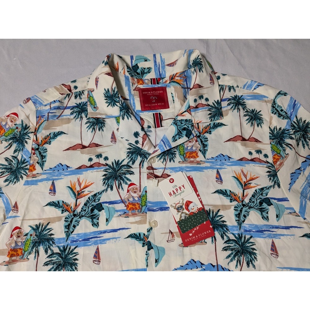 DENIM & FLOWER Santa Claus Hawaiian Beach Surfing Men Medium Ivory Shirt NEW - Picture 4 of 14